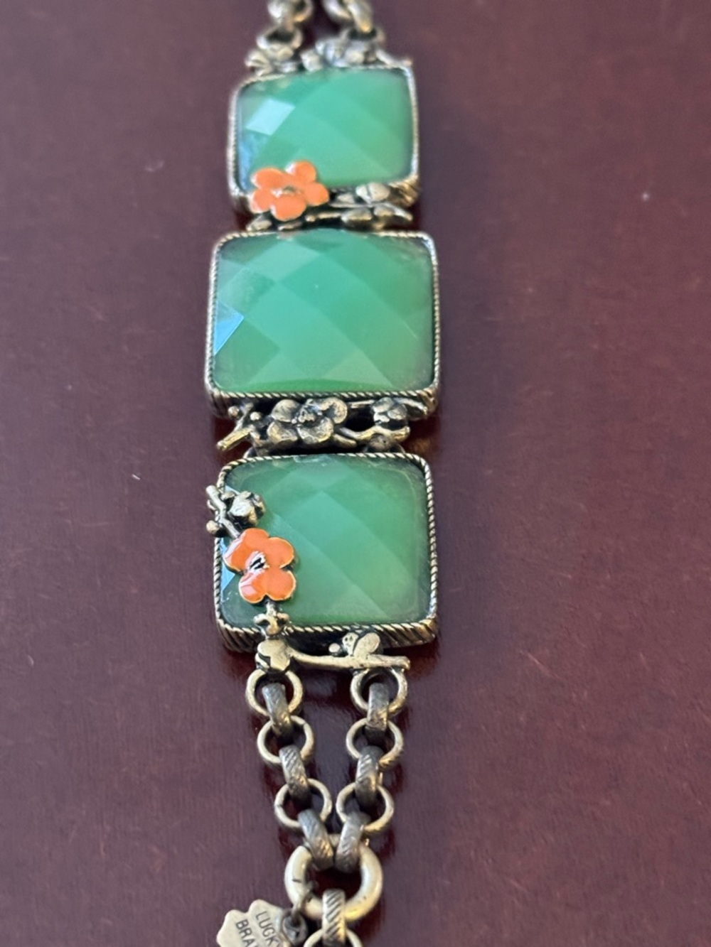 Vintage Lucky Brand Green Faceted Stone & Orange Flower Gold Tone Bracelet - Picture 8 of 11